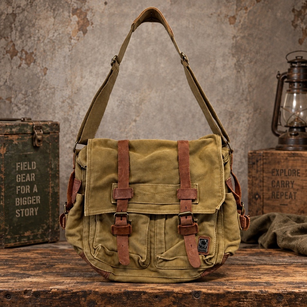 S.C. Cotton Military Messenger Bag Khaki Canvas Leather Trim Crossbody Satchel